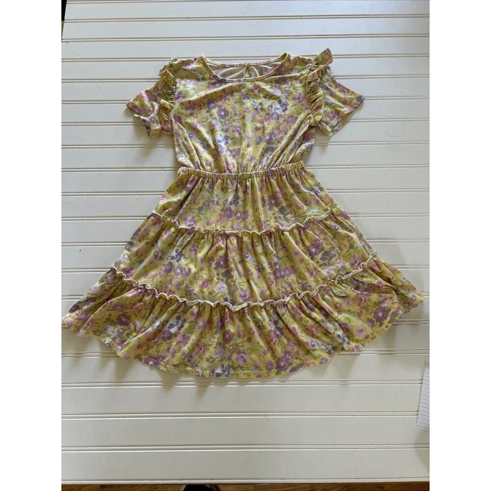 BCBG Girls Yellow Floral Tiered Ruffle Dress 7/8 Small Easter Party Boho